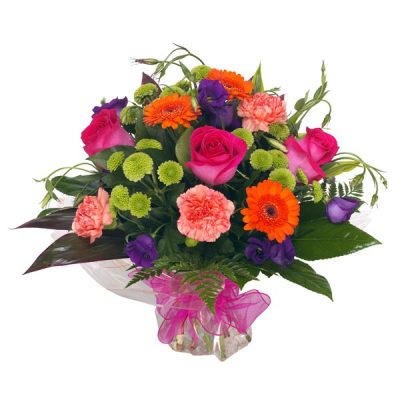 Vibrant Hand Tied - Hand tied bouquet in vibrant cerise pink, purple, orange and lime green.