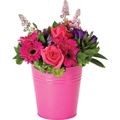 Candy Pink Chelsea - Vibrant cerise pink and purple arrangement in zinc pot.