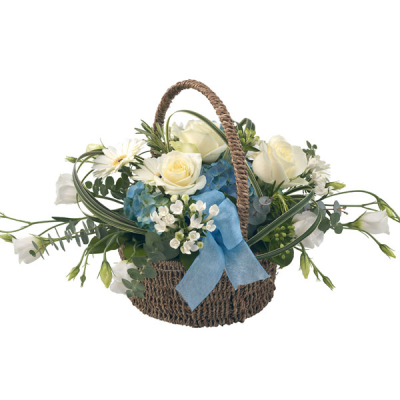 Baby Blue - Basket arrangement in soft blues, creams and white. A classic and traditional design. Including beautiful roses and seasonal blue flowers.