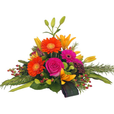 Tropical Glow - Flower arrangement traditionally styled posy in vibrant hot colours. Including vibrant gerberas, rich roses and classic lilies. Expertly designed using the finest fresh flowers.