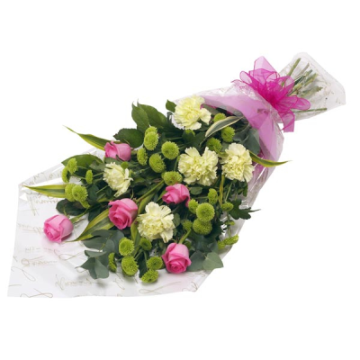 Affection - Flower bouquet of classic pink, cream and vibrant green mixed flowers. Including pretty roses, retro carnations and vibrant chrysanthemum.